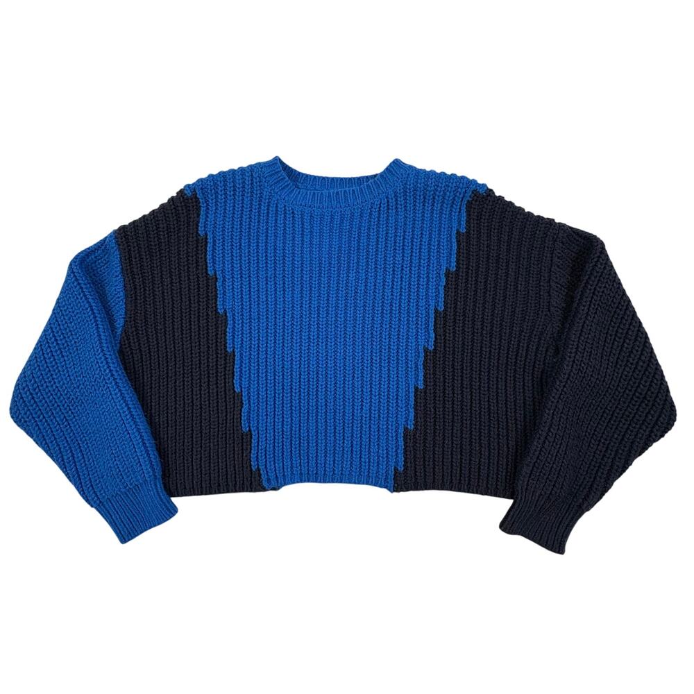 Zara Cropped Colorblock Knit Sweater Women's S Blue Geometric Casual Boho